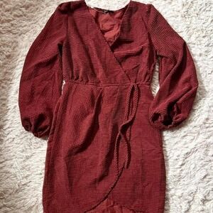 Burgundy Corduroy Cottage Core Earthy Boho Indie Faux Wrap Dress Bishop Sleeves